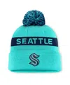 Fanatics Women's Light Blue/navy Seattle Kraken Authentic Pro Rink Cuffed Knit Hat With Pom In Light Blue,navy
