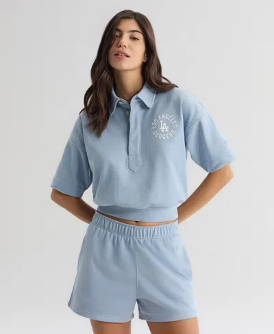 Fanatics Women's Los Angeles Dodgers Iconic Cropped Spread Collar Short-sleeve Polo Sweatshirt In Sky Blue