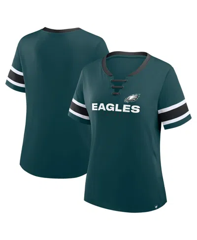 FANATICS WOMEN'S MIDNIGHT GREEN PHILADELPHIA EAGLES PLUS SIZE RED ZONE ATHENA LACE-UP V-NOTCH NECK T-SHIRT