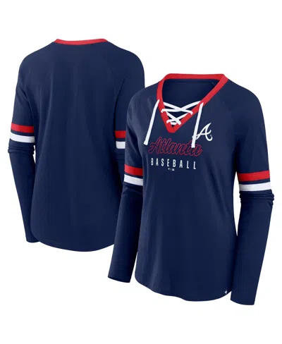 Fanatics Women's Navy Atlanta Braves Won Done Raglan Lace-up Long Sleeve T-shirt In Blue