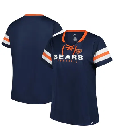Fanatics Women's Navy Chicago Bears Plus Size Rhinestone Redzone Athena Lace-up Notch Neck T-shirt In Blue
