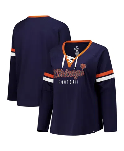 Fanatics Women's Navy Chicago Bears Plus Size Won Done Lace-up V-neck Long Sleeve T-shirt In Blue