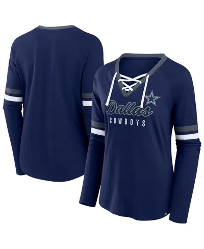 Fanatics Women's Navy Dallas Cowboys Plus Size Won Done Lace-up V-neck Long Sleeve T-shirt In Blue