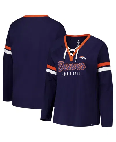 Fanatics Women's Navy Denver Broncos Plus Size Won Done Lace-up V-neck Long Sleeve T-shirt In Blue