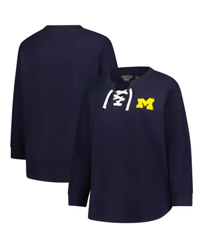 Fanatics Women's Navy Michigan Wolverines Lace-up Waffle Knit Plus Size Long Sleeve T-shirt In Blue