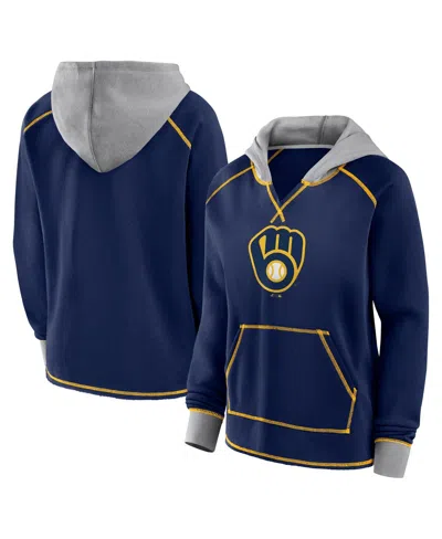 Fanatics Women's Navy Milwaukee Brewers Boom Fleece Pullover V-neck Hoodie In Navy,steel