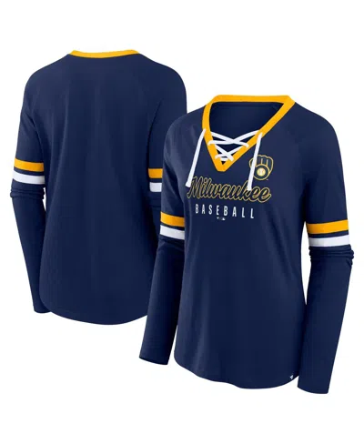 Fanatics Women's Navy Milwaukee Brewers Won Done Raglan Lace-up Long Sleeve T-shirt In Blue