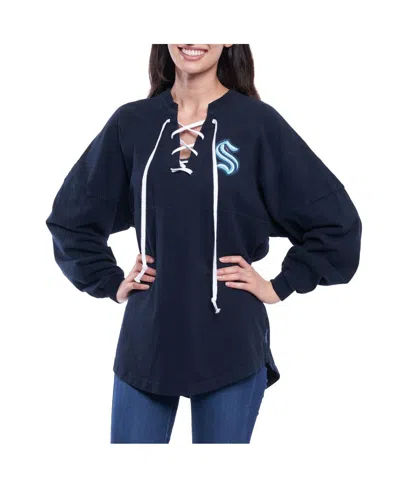 FANATICS WOMEN'S NAVY SEATTLE KRAKEN LACE UP LONG SLEEVE SPIRIT TOP