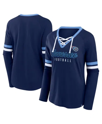 Fanatics Women's Navy Tennessee Titans Won And Done Lace-up Long Sleeve Fashion Top In Blue