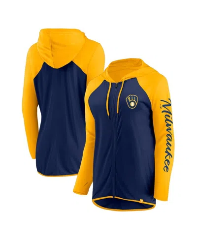Fanatics Women's Navy/gold Milwaukee Brewers Script Sleeve Full-zip Hoodie In Navy,gold
