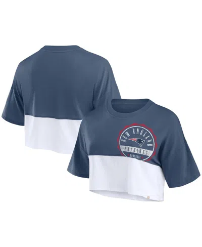 Fanatics Women's Navy/white New England Patriots Boxy Color Split Cropped T-shirt In Navy,white