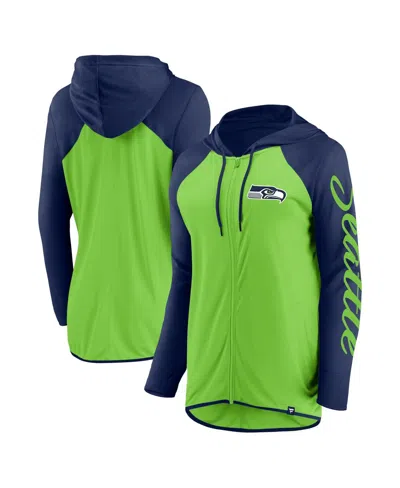 Fanatics Women's Neon Green/college Navy Seattle Seahawks Script Full-zip Hoodie In Neon Green,college Navy