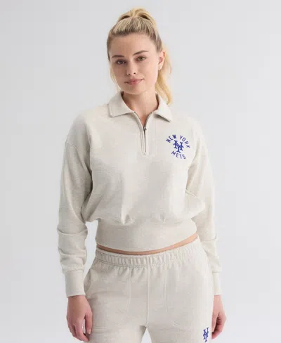 Fanatics Women's New York Mets Cropped Polo Collar Quarter-zip Sweatshirt In Oatmeal