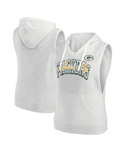 Fanatics Women's Oatmeal Green Bay Packers Lounge Script Sleeveless V-neck Pullover Hoodie In Oatmeal,white