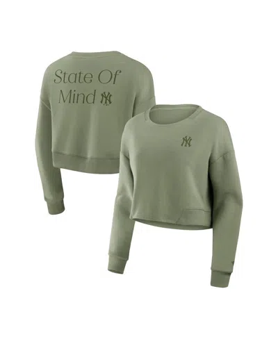 FANATICS WOMEN'S OLIVE NEW YORK YANKEES RELAX STUDIO CROPPED PULLOVER SWEATSHIRT