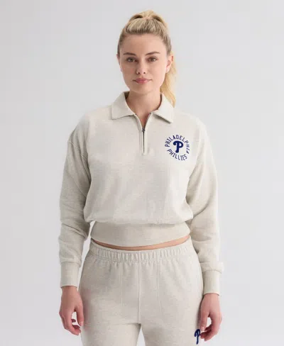 Fanatics Women's Philadelphia Phillies Iconic Cropped Quarter-zip Sweatshirt In Oatmeal