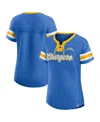Fanatics Women's Powder Blue Los Angeles Chargers True Catch Iconic Rhinestone Bling Athena Lace-up T-shirt In Blue