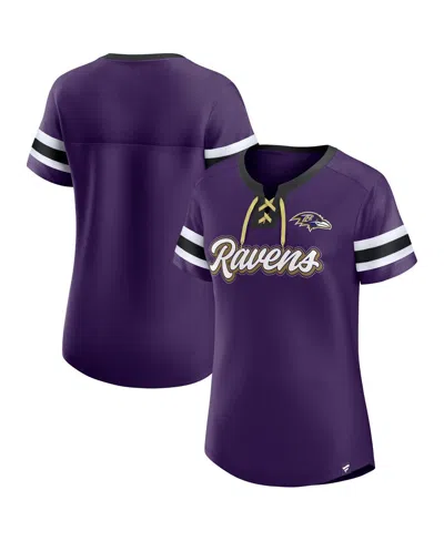 FANATICS WOMEN'S PURPLE BALTIMORE RAVENS ICONIC BLING ATHENA LACE-UP V-NECK T-SHIRT