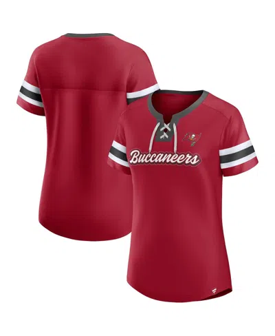 FANATICS WOMEN'S RED TAMPA BAY BUCCANEERS TRUE CATCH ICONIC RHINESTONE BLING ATHENA LACE-UP T-SHIRT