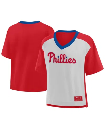 Fanatics Women's Red/graphite Philadelphia Phillies Oversized Cropped V-neck T-shirt In Red,graphite