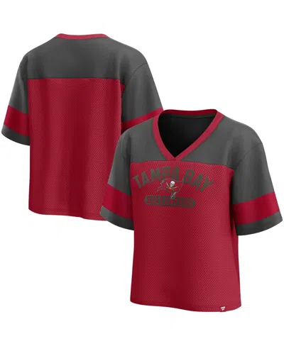 Fanatics Women's Red/pewter Tampa Bay Buccaneers Home School Jersey Poly V-neck Fashion Top In Burgundy