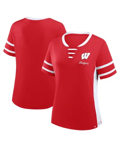 Fanatics Women's Red/white Wisconsin Badgers Be Fearless Athena Lace-up T-shirt In Multi