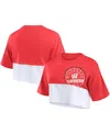 Fanatics Women's Red/white Wisconsin Badgers Oversized Badge Color Block Cropped T-shirt In Red