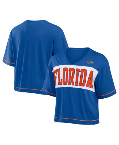 Fanatics Women's Royal Florida Gators Home Team Bold Fashion Modest V-neck Cropped T-shirt In Royal,white