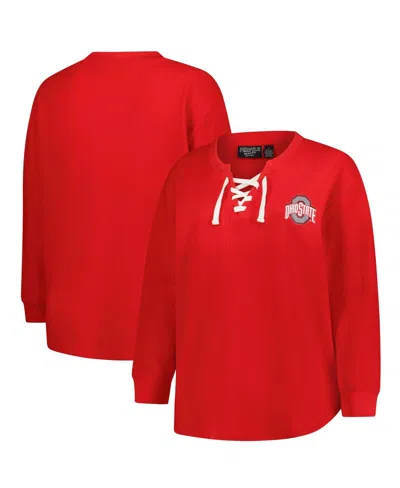 Fanatics Women's Scarlet Ohio State Buckeyes Lace-up Waffle Knit Plus Size Long Sleeve T-shirt In Red