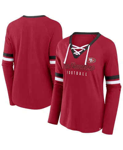 Fanatics Women's Scarlet San Francisco 49ers Won And Done Lace-up Long Sleeve Fashion Top In Scarlet,black
