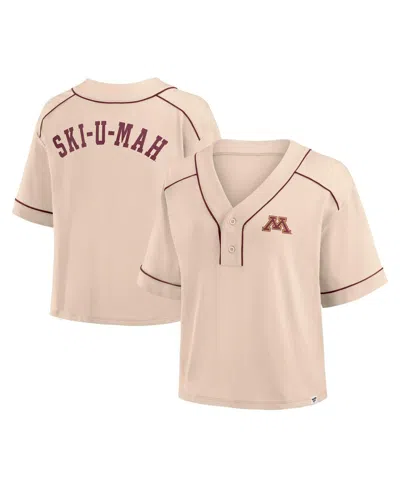 Fanatics Women's Tan Minnesota Golden Gophers Oversized Dominant Force Cropped V-neck T-shirt In Neutral