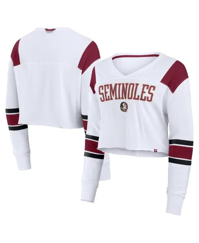 Fanatics Women's White Florida State Seminoles Training Camp Cropped Long Sleeve V-neck Fashion Top In Animal Print