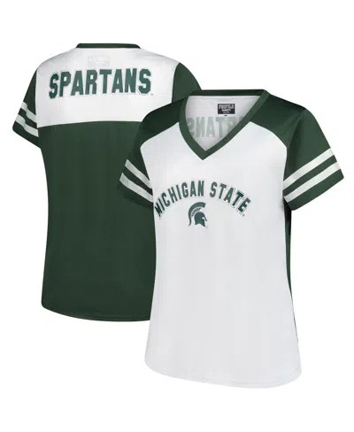 Fanatics Women's White Michigan State Spartans Plus Size Rhinestone Glitter Sleeve Stripe V-neck T-shirt