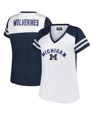 Fanatics Women's White Michigan Wolverines Plus Size Rhinestone Glitter Sleeve Stripe V-neck T-shirt In Blue
