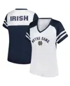 Fanatics Women's White Notre Dame Fighting Irish Plus Size Rhinestone Glitter Sleeve Stripe V-neck T-shirt In Blue