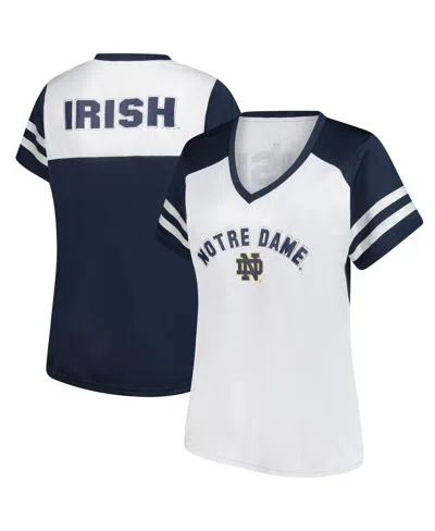Fanatics Women's White Notre Dame Fighting Irish Plus Size Rhinestone Glitter Sleeve Stripe V-neck T-shirt In Blue