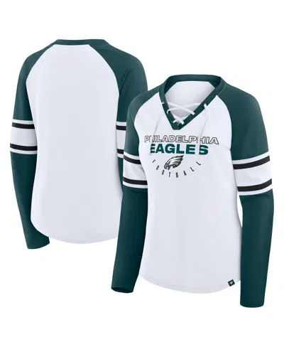 FANATICS WOMEN'S WHITE PHILADELPHIA EAGLES PLUS SIZE REDZONE LACE UP LONG SLEEVE T-SHIRT