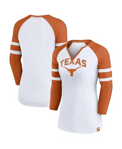 Fanatics Women's White Texas Longhorns Block Party Notch Neck Raglan 3/4 Sleeve Top