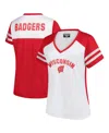 Fanatics Women's White Wisconsin Badgers Plus Size Rhinestone Glitter Sleeve Stripe V-neck T-shirt In White