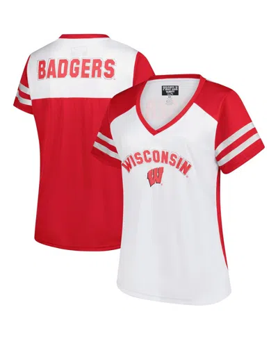 Fanatics Women's White Wisconsin Badgers Plus Size Rhinestone Glitter Sleeve Stripe V-neck T-shirt