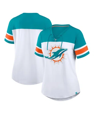 Fanatics Women's White/aqua Miami Dolphins Athena Rhinestone Lace-up V-neck T-shirt In Multi