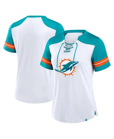 Fanatics Women's White/aqua Miami Dolphins Foiled Primary Lace-up T-shirt In White,aqua