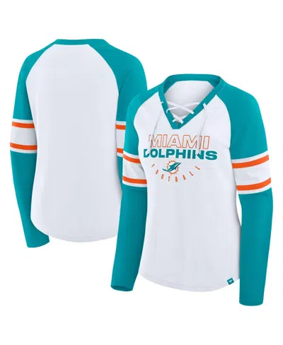Fanatics Women's White/aqua Miami Dolphins Redzone Blitz Package Raglan Lace-up V-neck Long Sleeve T-shirt In Multi