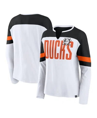 Fanatics Women's White/black Anaheim Ducks Frozen Long Sleeve Notch Neck T-shirt In Multi