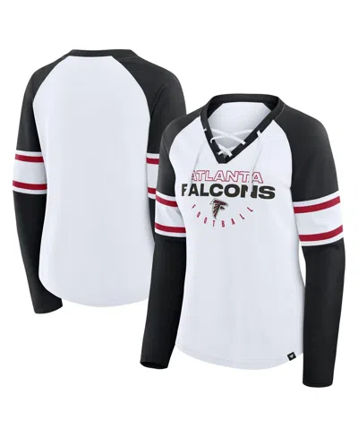 FANATICS WOMEN'S WHITE/BLACK ATLANTA FALCONS REDZONE BLITZ PACKAGE RAGLAN LACE-UP V-NECK LONG SLEEVE T-SHIRT