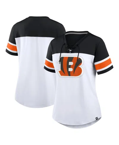 Fanatics Women's White/black Cincinnati Bengals Athena Rhinestone Lace-up V-neck T-shirt In Multi