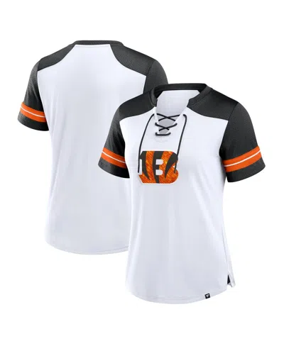 Fanatics Women's White/black Cincinnati Bengals Foiled Primary Lace-up T-shirt In White,black