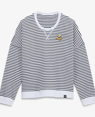 Fanatics Women's White/black Minnesota Vikings Striped Oversized French Terry Sweatshirt In White,black