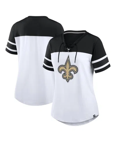Fanatics Women's White/black New Orleans Saints Athena Rhinestone Lace-up V-neck T-shirt In Multi