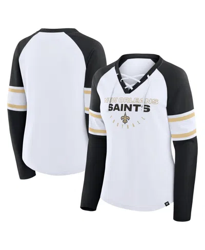 Fanatics Women's White/black New Orleans Saints Redzone Blitz Package Raglan Lace-up V-neck Long Sleeve T-shi